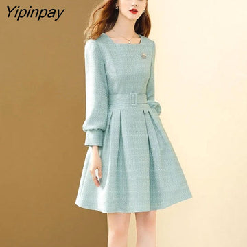 Yipinpay 2023 Spring French Style Long Sleeve A-Line Dress Women Elegant Sashes Solid O Neck Mini Dresses Party Vestidos